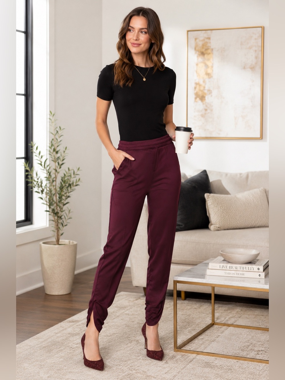 WHBM Silky Tulip Hem Jogger Pants Port Burgundy Satin Size 6R NWT